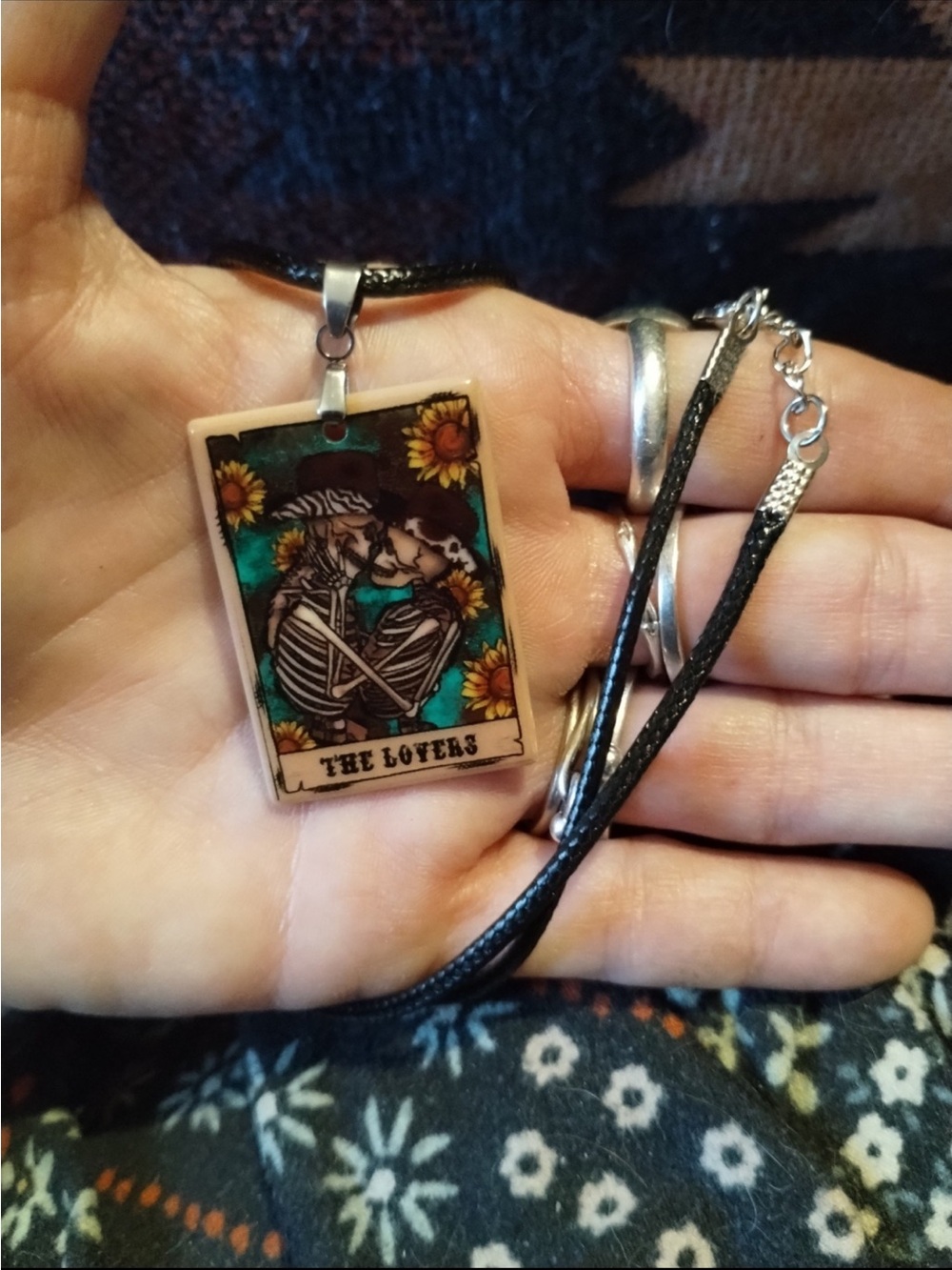 The Lovers Skeleton Tarot Pendant Necklace - Black Cord